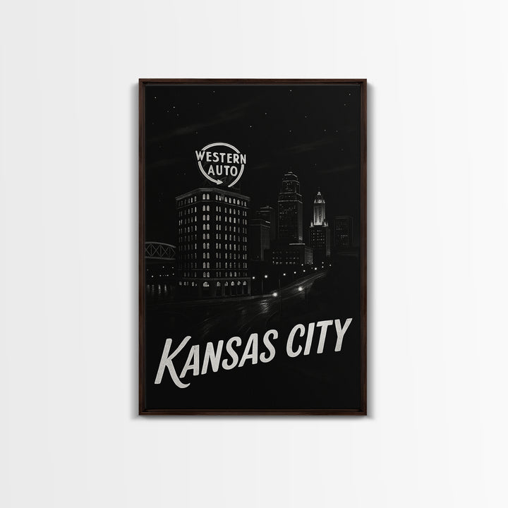 Kansas City Missouri Travel Poster, Canvas Print, Dark Moody City Wall Art, Kansas City Poster Print, City Illustration, Eclectic Wall Decor