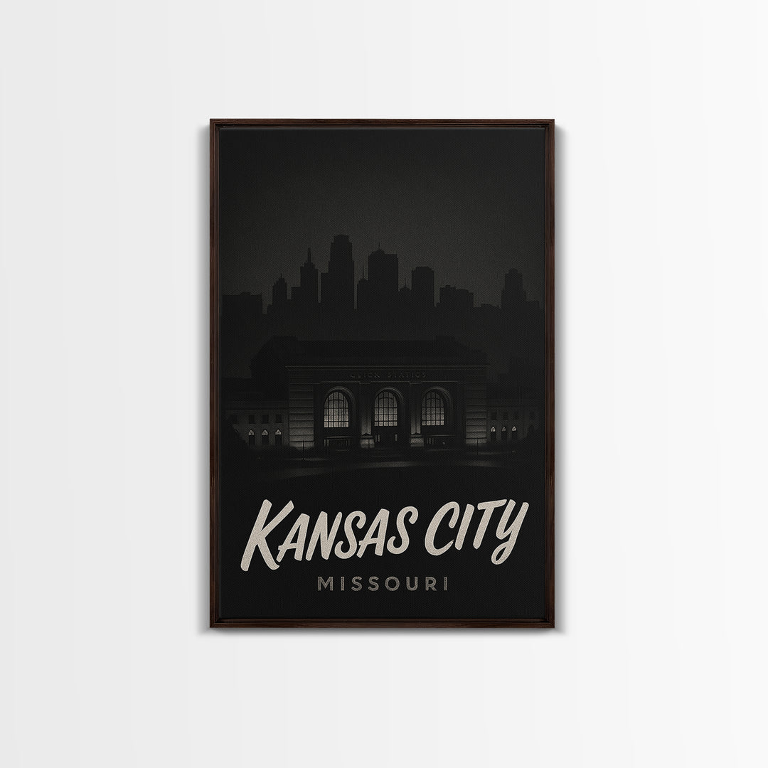 Kansas City Travel Poster, Canvas Print, Dark Moody City Wall Art, Kansas City Wall Art, Travel Wall Art, City Travel Prints, Home Decor