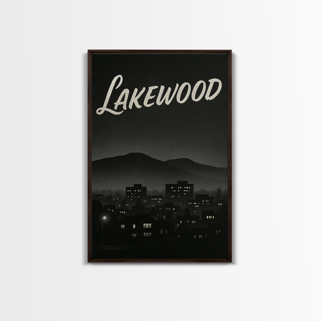 Lakewood Travel Poster, Framed Canvas Print, Night Street Poster Art, Lakewood Travel Art, Living Room Wall Art, Mid Century Wall Art