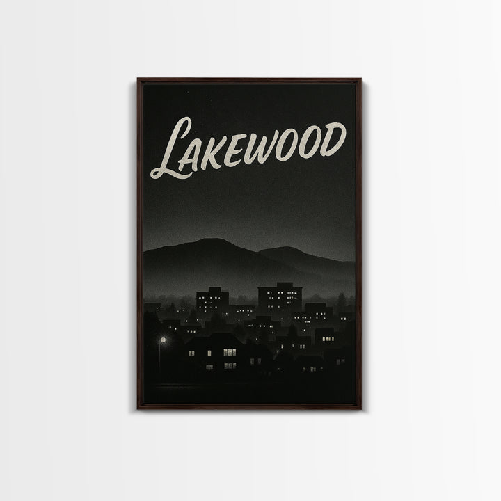 Lakewood Travel Poster, Framed Canvas Print, Night Street Poster Art, Lakewood Travel Art, Living Room Wall Art, Mid Century Wall Art