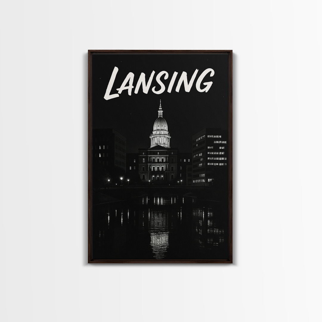 Lansing Michigan Travel Poster, Canvas Print, Dark Moody City Wall Art, Lansing City Art, Travel Poster Set, Travel Art Print, Wall Art