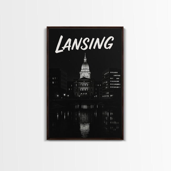 Lansing Michigan Travel Poster, Canvas Print, Dark Moody City Wall Art, Lansing City Art, Travel Poster Set, Travel Art Print, Wall Art