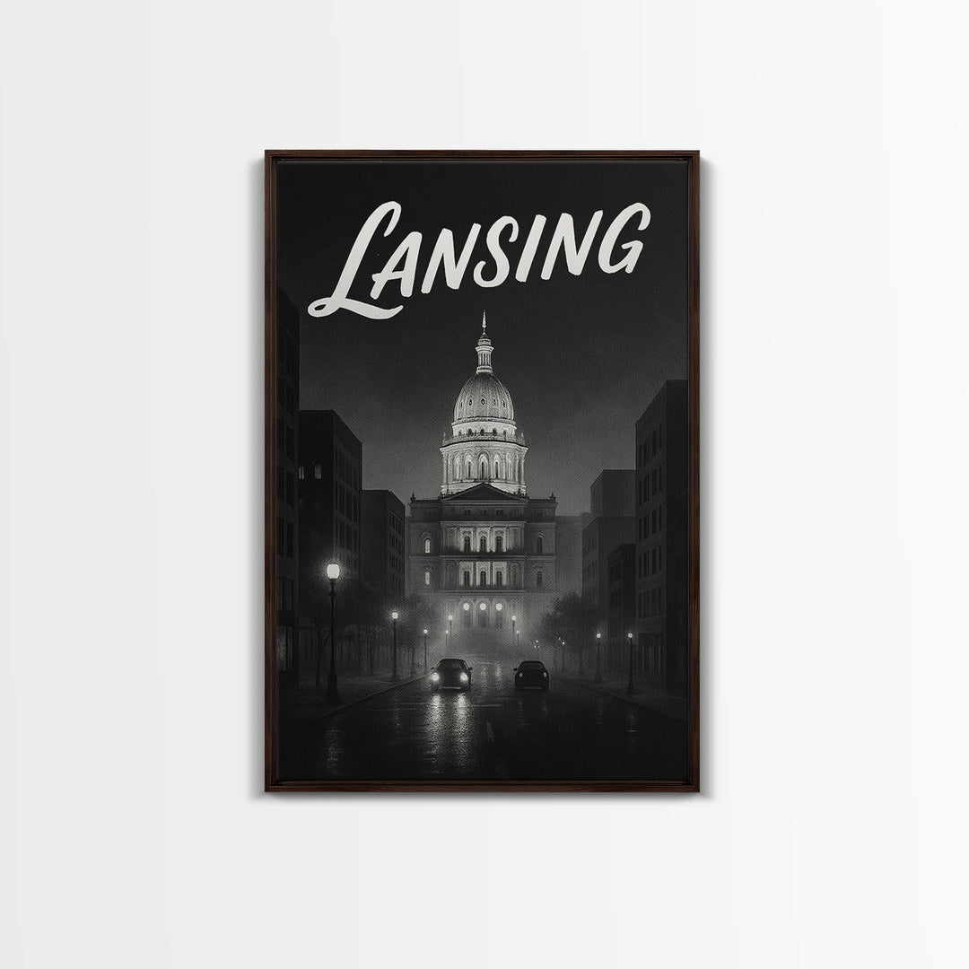 Lansing Travel Poster, Framed Canvas Print, Black And White Travel Art, Lansing Poster Print, Vintage City Art, Living Room Wall Art