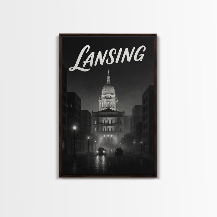 Lansing Travel Poster, Framed Canvas Print, Black And White Travel Art, Lansing Poster Print, Vintage City Art, Living Room Wall Art