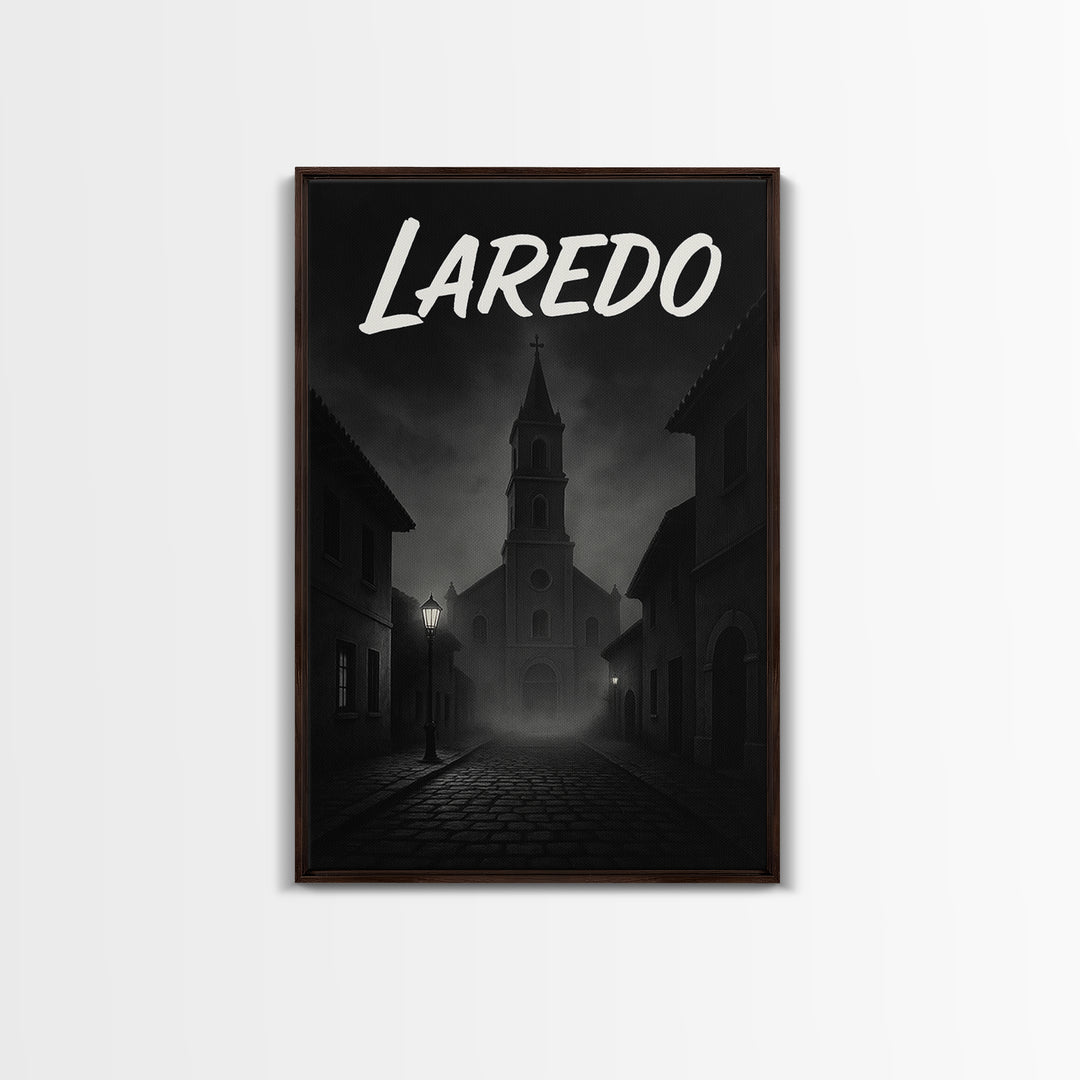 Laredo Travel Poster, Framed Canvas Print, Black And White Travel Art, Laredo Art Print, Retro Travel Print, Home Office Decor