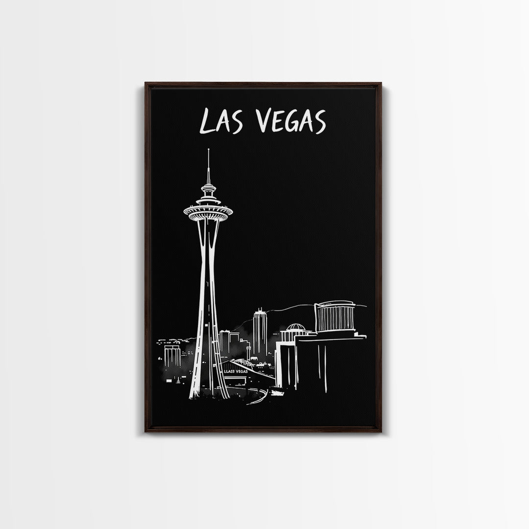 Las Vegas Travel Poster, Framed Canvas Print, Dark Moody City Wall Art, Las Vegas Wall Art, Mid Century Wall Art, Retro Travel Print