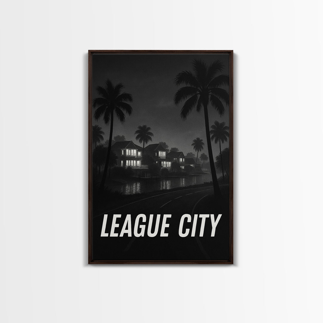 League City Texas Travel Poster, Framed Canvas Print, Night Street Poster Art, League City Art Print, Retro Travel Print, Travel Wall Art