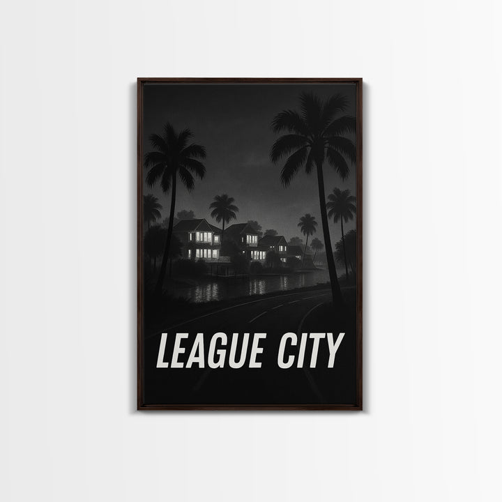 League City Texas Travel Poster, Framed Canvas Print, Night Street Poster Art, League City Art Print, Retro Travel Print, Travel Wall Art