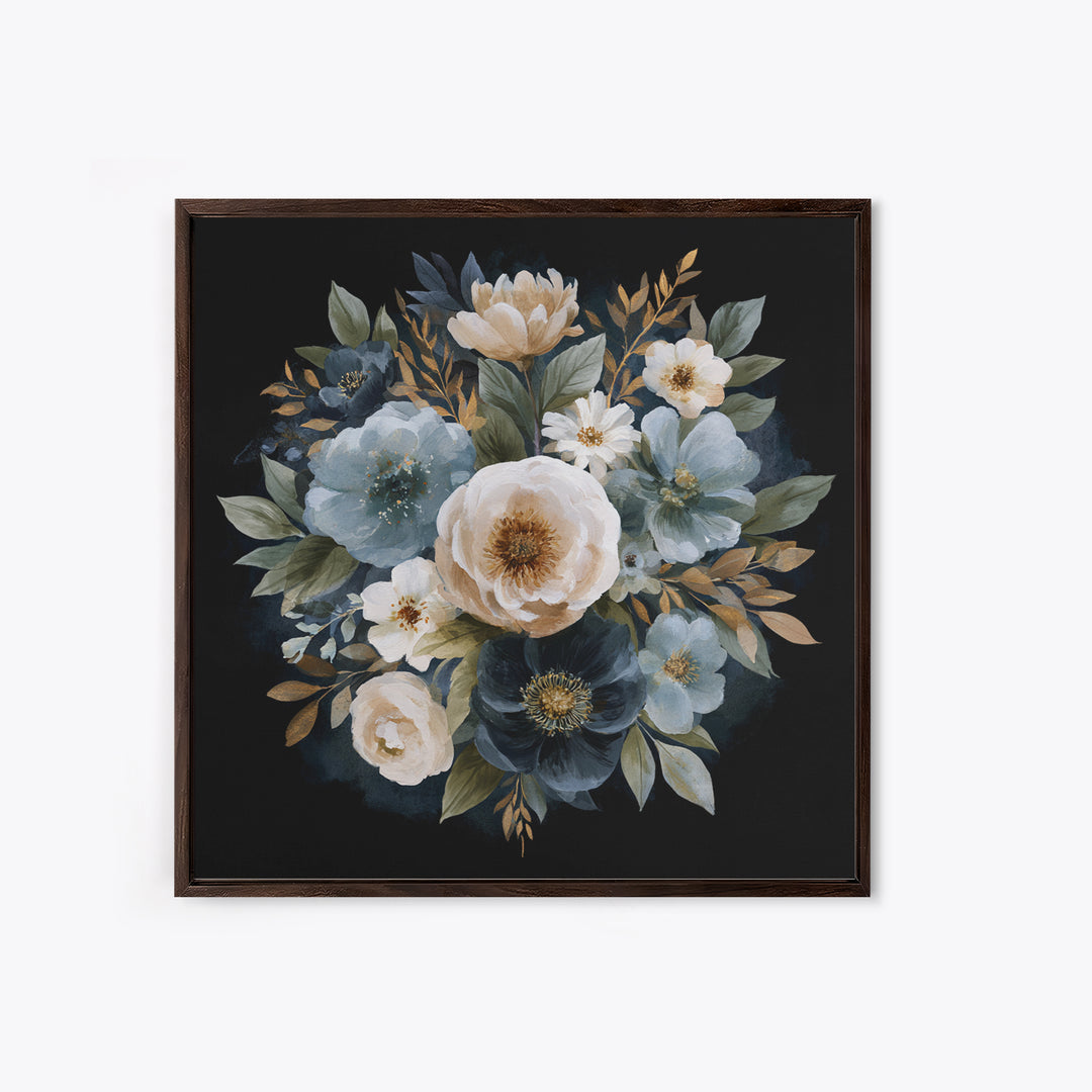 Moody Dark Background Bouquet for Formal Dining Framed Canvas Print, Dining Room Art, Kitchen Decor, Dining Room Decor, Dining, DRA-1x1-11