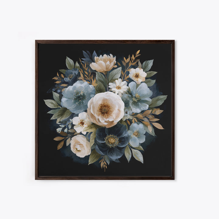 Moody Dark Background Bouquet for Formal Dining Framed Canvas Print, Dining Room Art, Kitchen Decor, Dining Room Decor, Dining, DRA-1x1-11