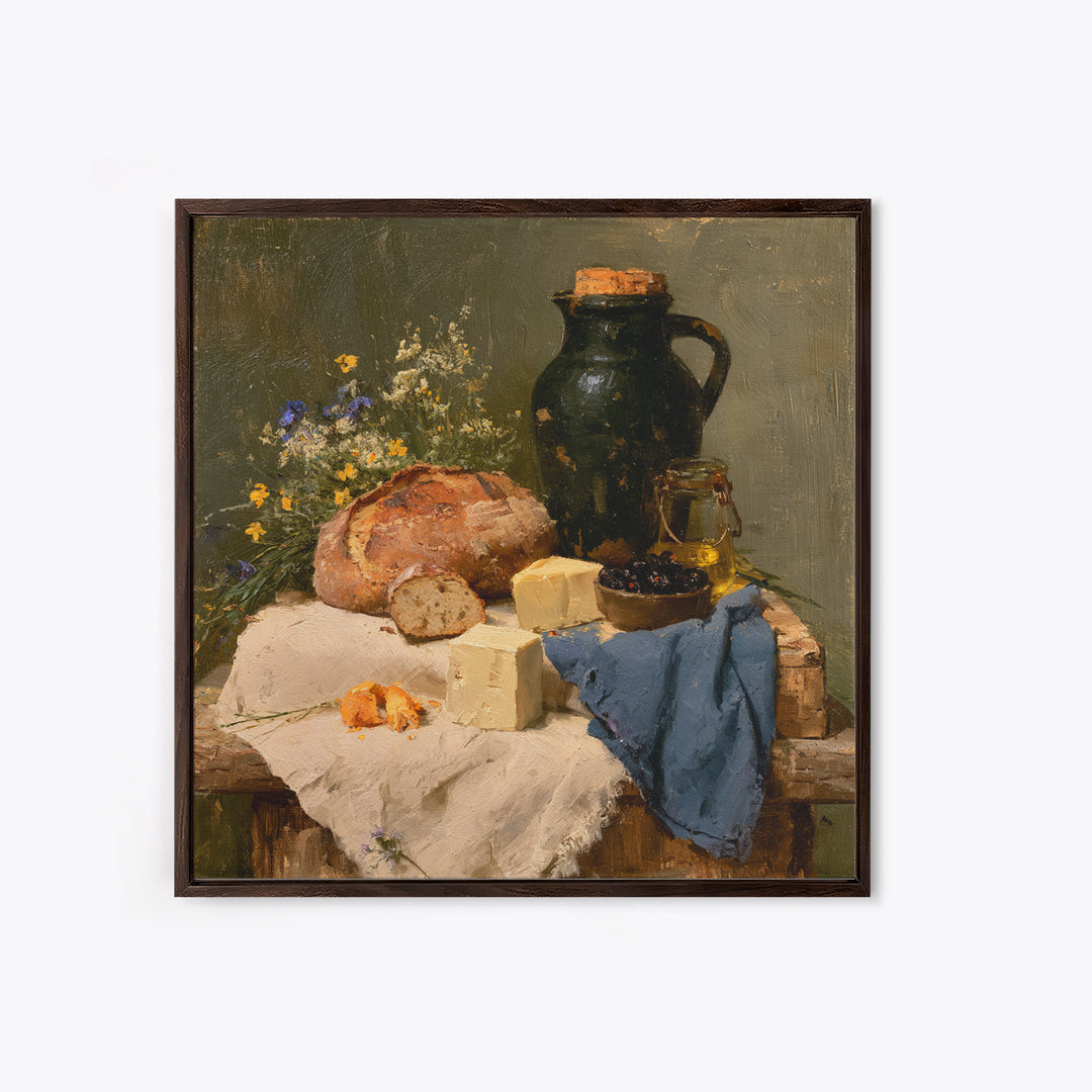 Rustic Bread Olives and Cheese Still Life Canvas Print, Dining Room Art, 3 Piece Wall Art, Dining Room Decor, Oil Painting, DRA-1x1-30