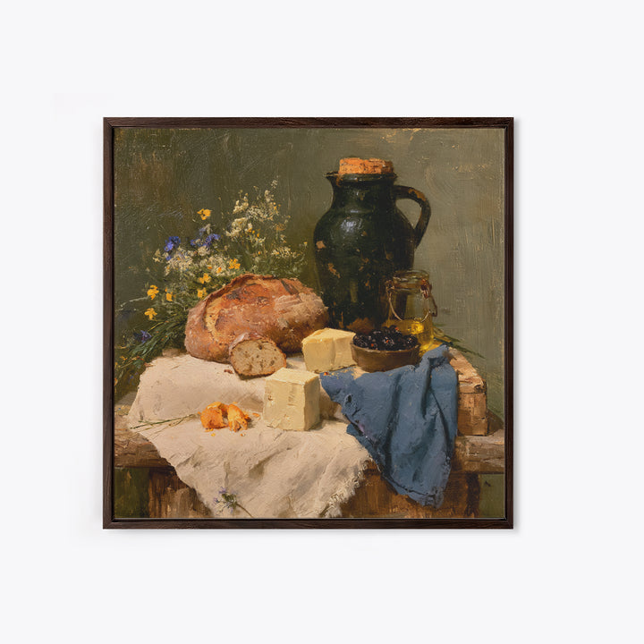 Rustic Bread Olives and Cheese Still Life Canvas Print, Dining Room Art, 3 Piece Wall Art, Dining Room Decor, Oil Painting, DRA-1x1-30