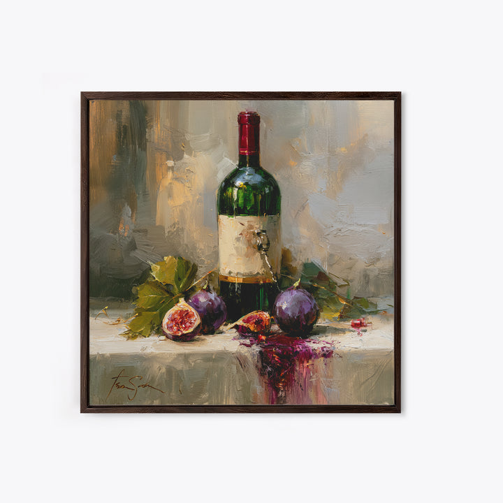 Wine Bottle and Figs on a Linen Framed Canvas Print, Dining Room Art, Coastal Wall Art, Dining Room Decor, Abstract Art, Dining, DRA-1x1-51