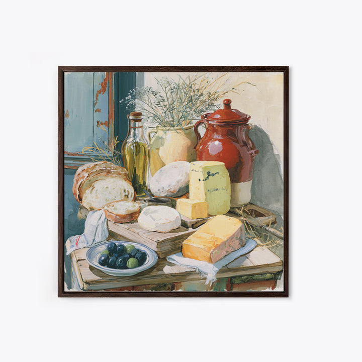 Rustic Bread Olives and Cheese Still Life Canvas Print, Dining Room Art, 3 Piece Wall Art, Dining Room Decor, Oil Painting, DRA-1x1-54