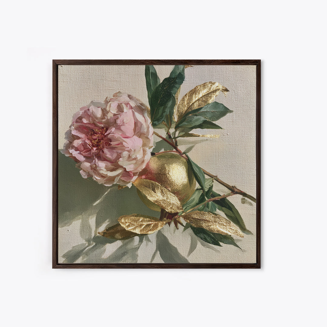 Pomegranate and Gold Leaf Botanical Study Framed Canvas Print, Dining Room Art, Bedroom Decor, Dining Room Decor, Dining, DRA-1x1-56