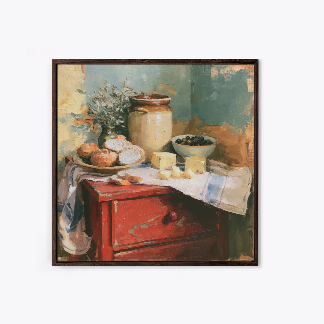 Rustic Bread Olives and Cheese Still Life Canvas Print, Dining Room Art, Living Room Decor, Dining Room Decor, Dining, DRA-1x1-6