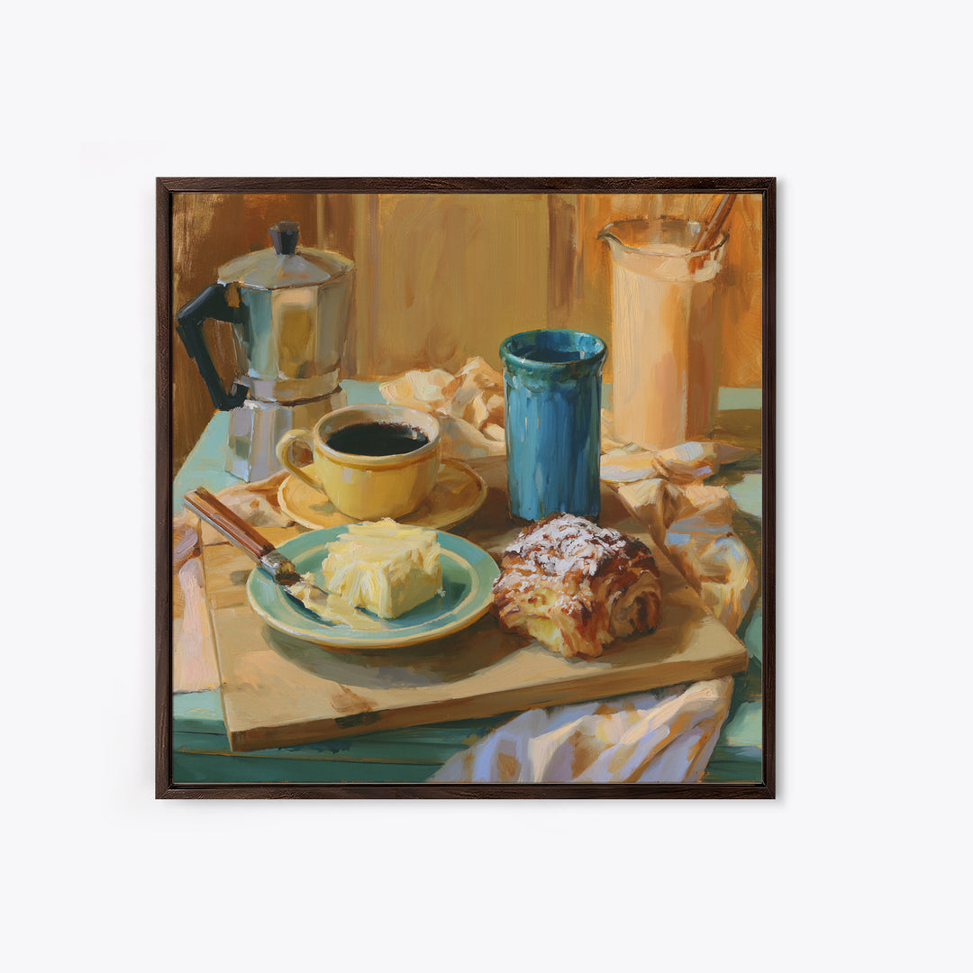 Coffee and Pastry Scene for Breakfast Nook Framed Canvas Print, Dining Room Art, Kitchen Wall Decor, Dining Room Decor, Dining, DRA-1x1-62