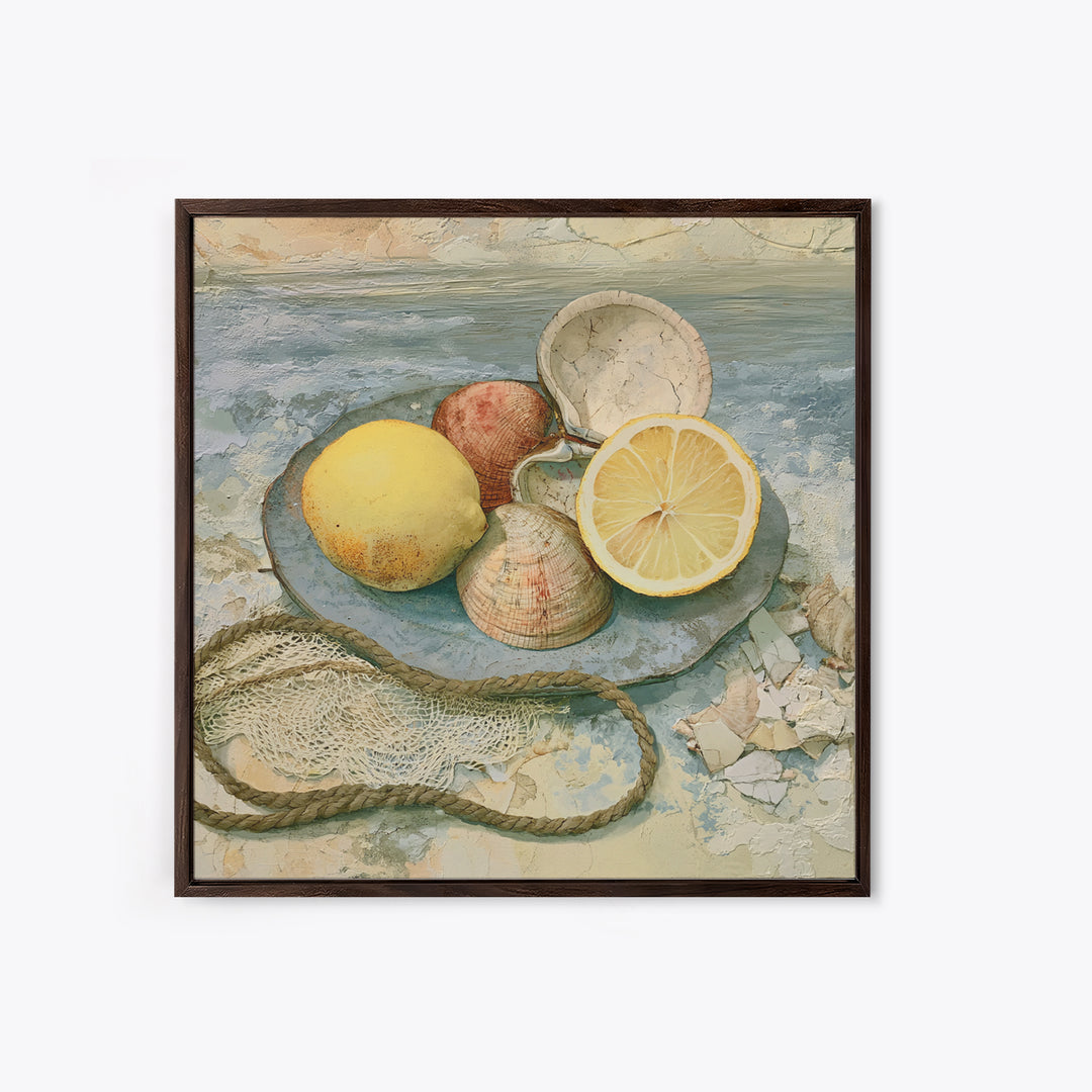 Shellfish and Lemon Still Life Framed Canvas Print, Dining Room Art, Abstract Wall Art, Dining Room Decor, Fine Art, Dining, DRA-1x1-64