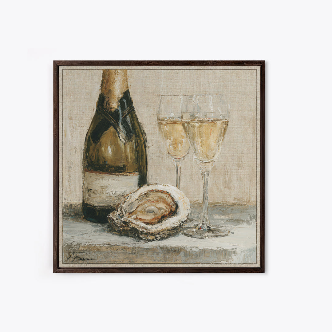 Elegant Oyster and Champagne Still Life Framed Canvas Print, Dining Room Art, Bedroom Decor, Dining Room Decor, Dining, DRA-1x1-7