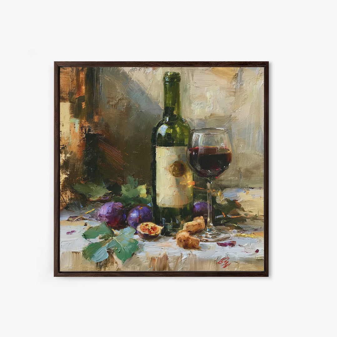 Wine Bottle and Figs on a Linen Canvas Print, Dining Room Art, Gallery Decor, Dining Room Decor, Abstract Art, Dining, DRA-1x1-75