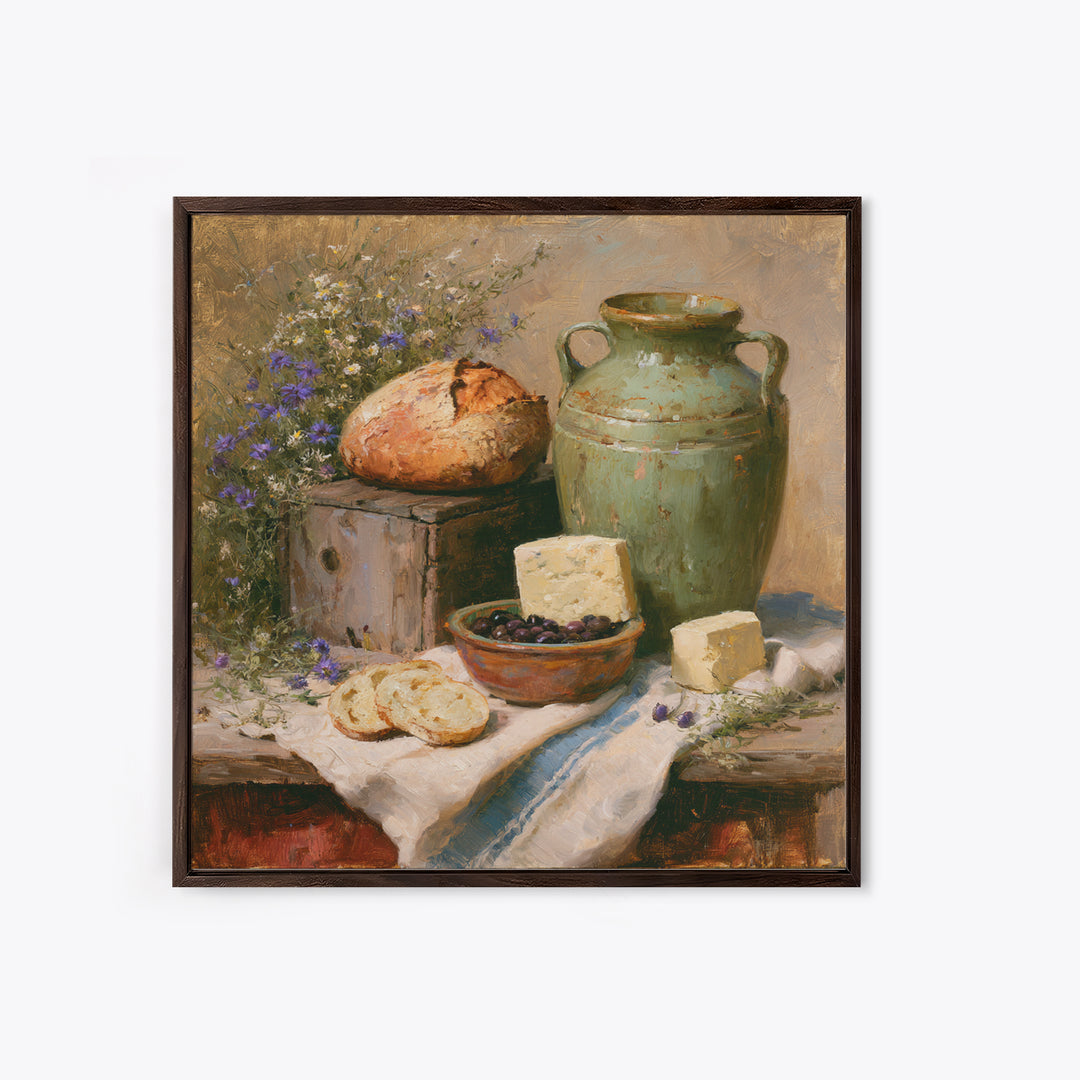 Rustic Bread Olives and Cheese Still Life Framed Canvas Print, Dining Room Art, Kitchen Prints, Dining Room Decor, Dining, DRA-1x1-78