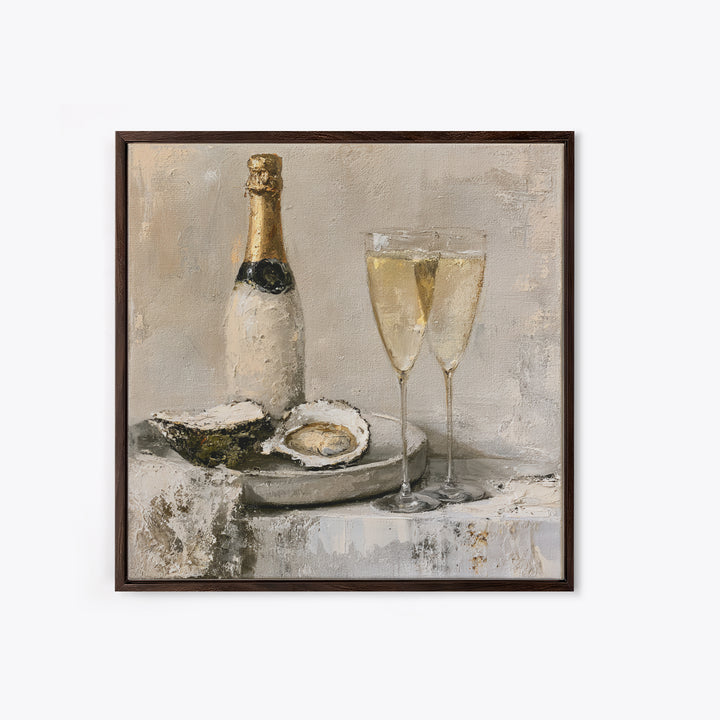 Elegant Oyster and Champagne Still Life Framed Canvas Print, Dining Room Art, Dining Room Decor, Oil Painting, Dining, DRA-1x1-79