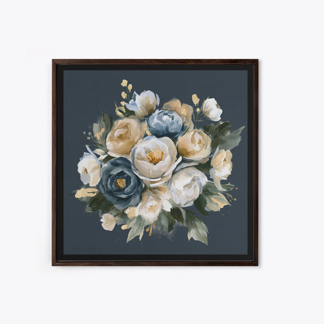 Moody Dark Background Bouquet for Formal Dining Framed Canvas Print, Dining Room Art, Neutral Decor, Dining Room Decor, Dining, DRA-1x1-83