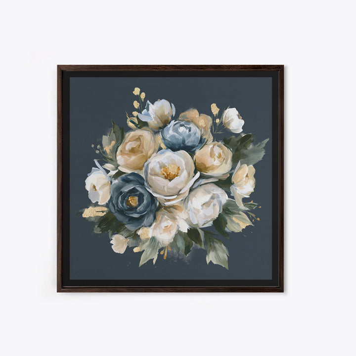 Moody Dark Background Bouquet for Formal Dining Framed Canvas Print, Dining Room Art, Neutral Decor, Dining Room Decor, Dining, DRA-1x1-83