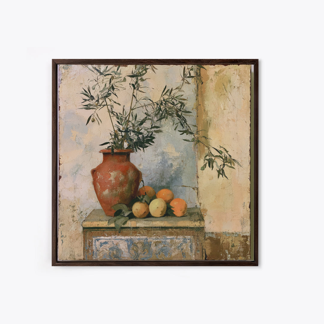 Mediterranean Olive Branch and Citrus Arrangement Canvas Print, Dining Room Art, Coastal Decor, Dining Room Decor, Dining, DRA-1x1-84