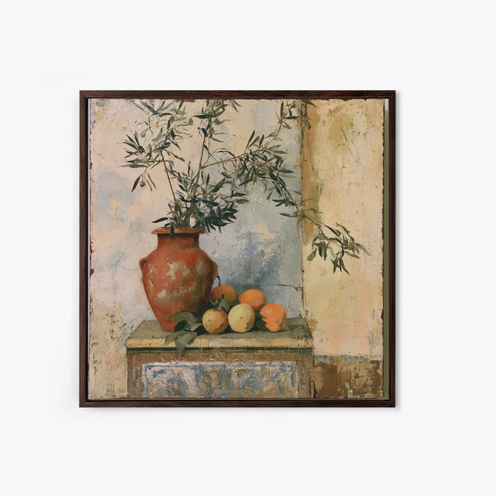 Mediterranean Olive Branch and Citrus Arrangement Canvas Print, Dining Room Art, Coastal Decor, Dining Room Decor, Dining, DRA-1x1-84