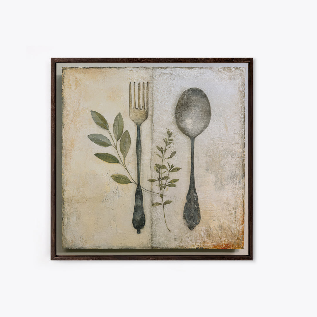Minimal Fork Spoon and Herb Composition Canvas Print, Dining Room Art, Coastal Wall Art, Dining Room Decor, Fine Art, Dining, DRA-1x1-94