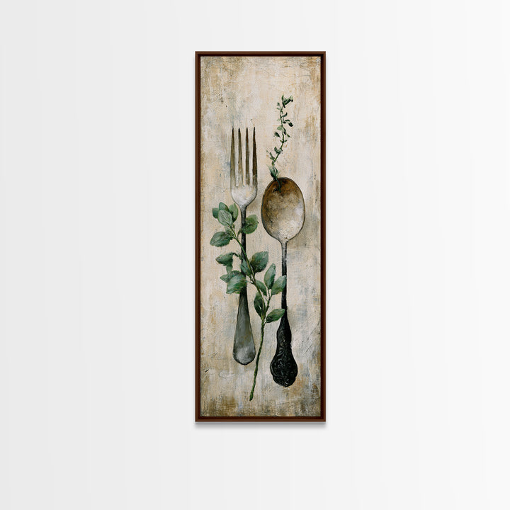 Minimal Fork Spoon and Herb Composition Canvas Print, Dining Room Art, Kitchen Art, Dining Room Decor, Fine Art, Dining, DRA-1x3-10