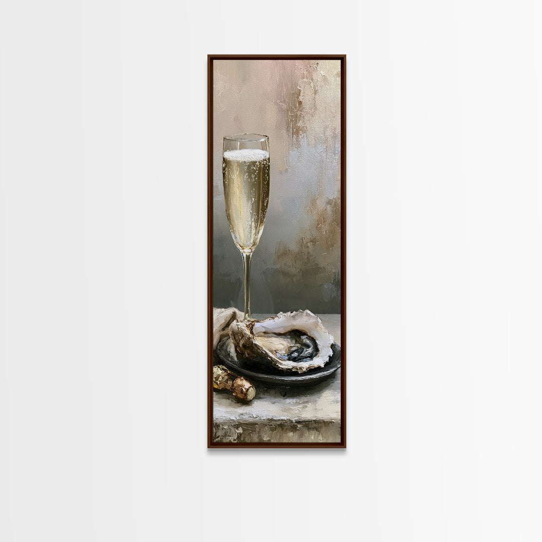 Elegant Oyster and Champagne Still Life Framed Canvas Print, Dining Room Art, Boho Decor, Dining Room Decor, Fine Art, Dining, DRA-1x3-19