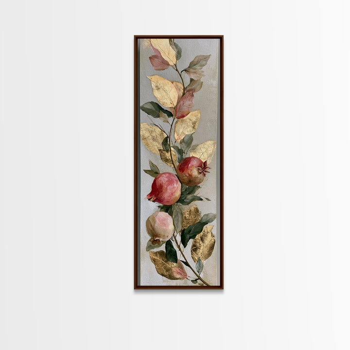 Pomegranate and Gold Leaf Botanical Study Canvas Print, Dining Room Art, Statement Artwork, Dining Room Decor, Oil Painting, DRA-1x3-44