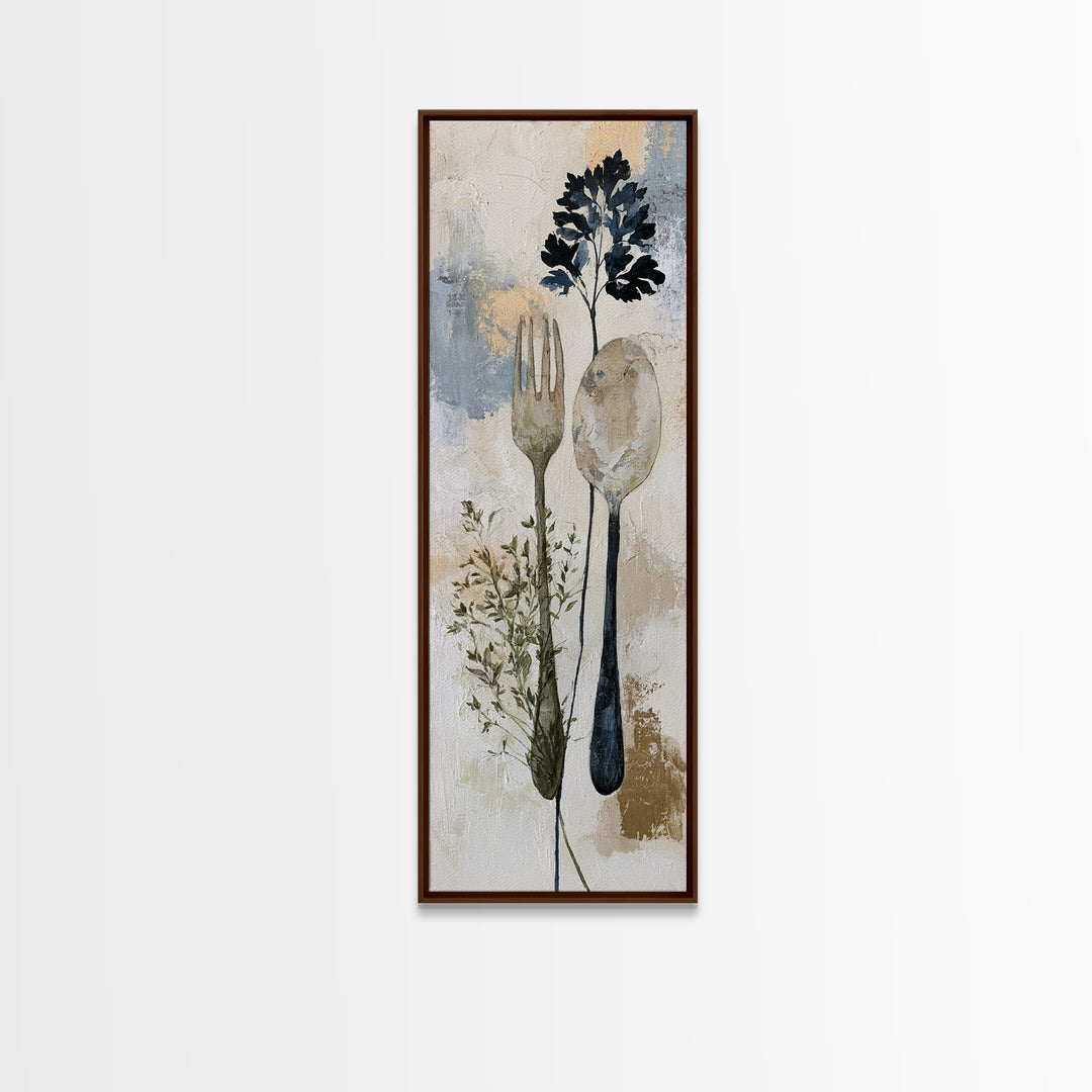 Minimal Fork Spoon and Herb Composition Canvas Print, Dining Room Art, Bedroom Wall Art, Dining Room Decor, Dining, DRA-1x3-58