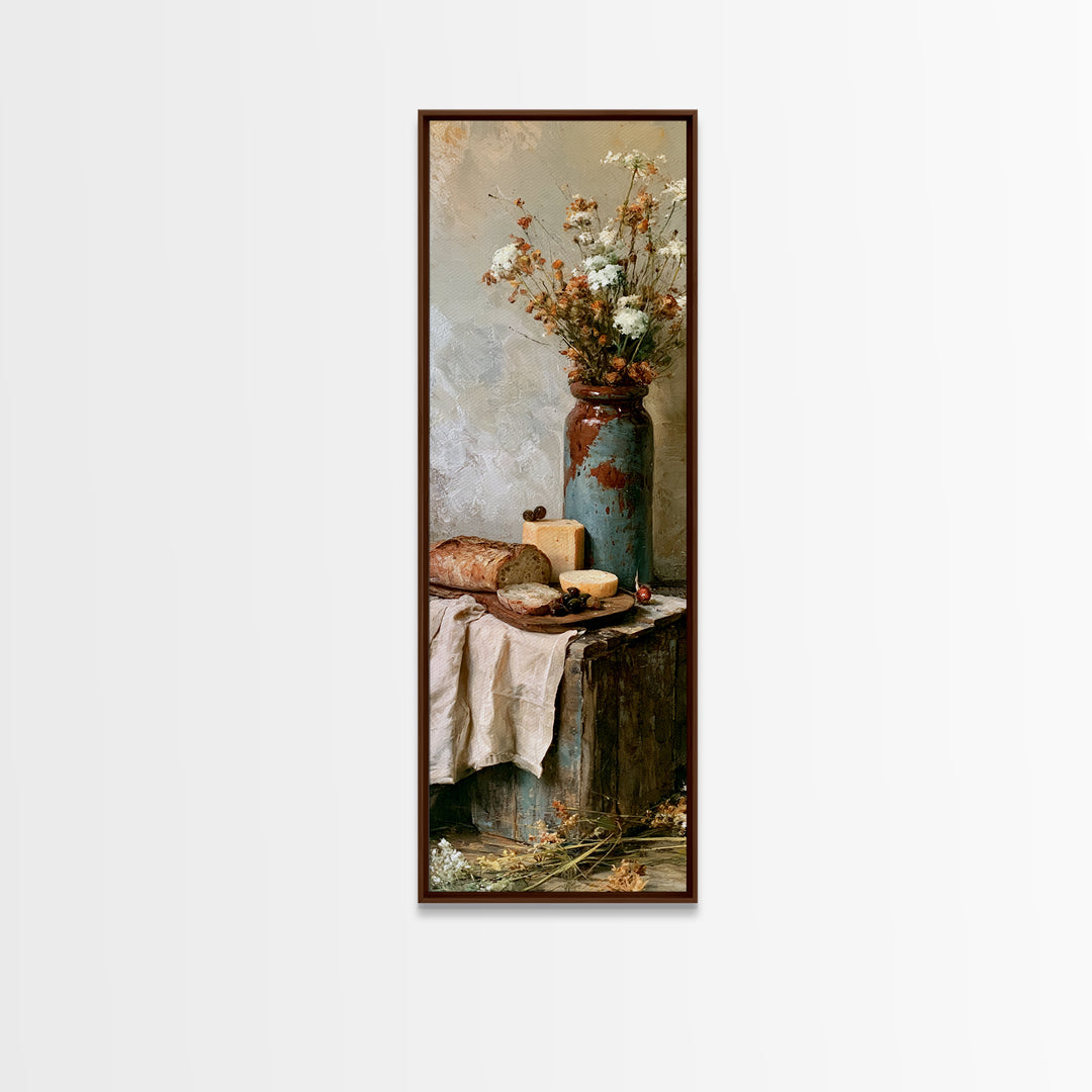 Rustic Bread Olives and Cheese Still Life Canvas Print, Dining Room Art, Trendy Wall Art, Dining Room Decor, Dining, DRA-1x3-66