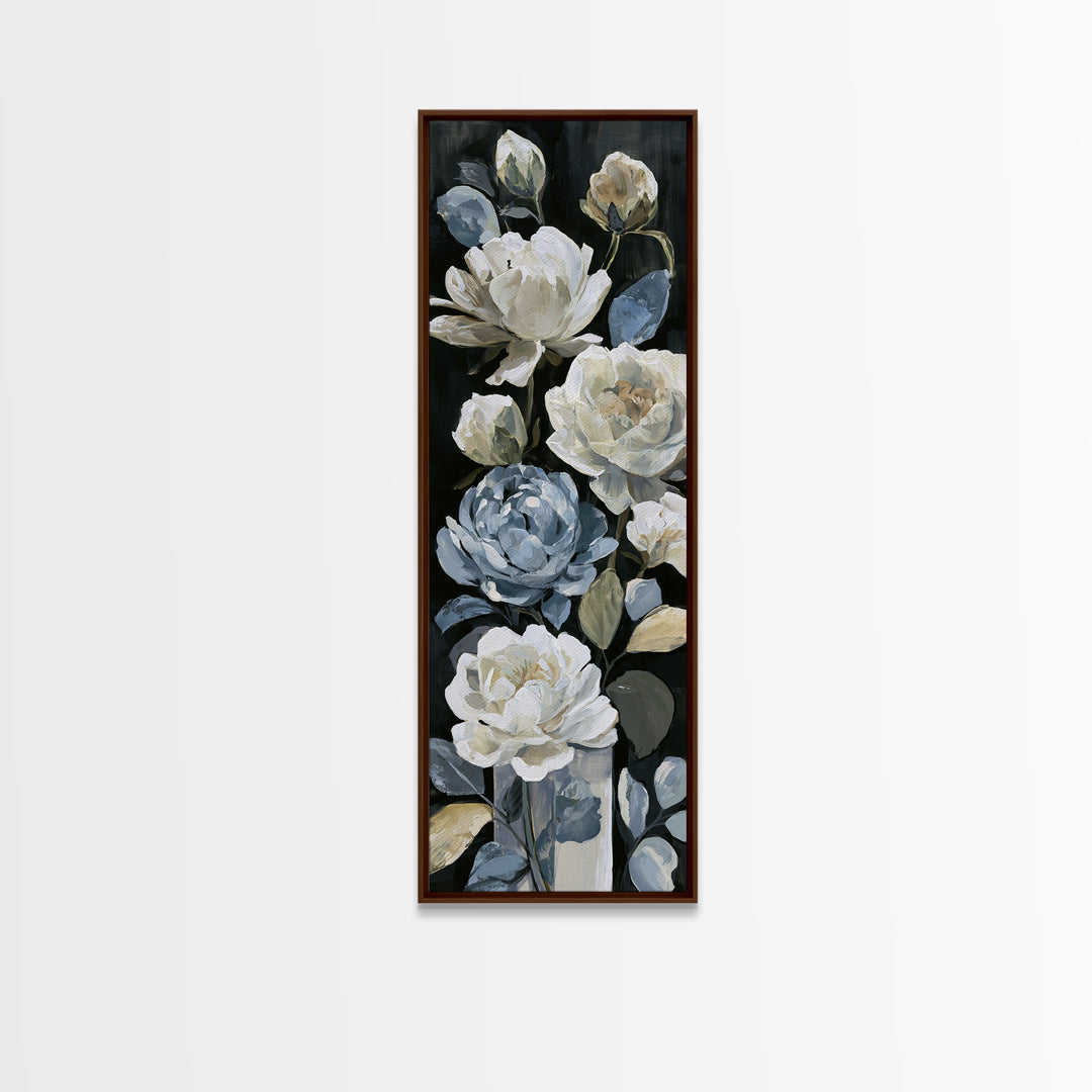 Moody Dark Background Bouquet for Formal Dining Framed Canvas Print, Dining Room Art, Kitchen Decor, Dining Room Decor, Dining, DRA-1x3-71