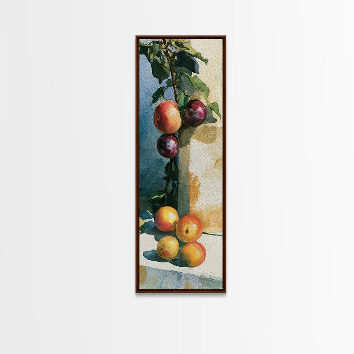 Peach and Plum Still Life Framed Canvas Print, Dining Room Art, Large Wall Art, Dining Room Decor, Dining, Watercolor Painting, DRA-1x3-80