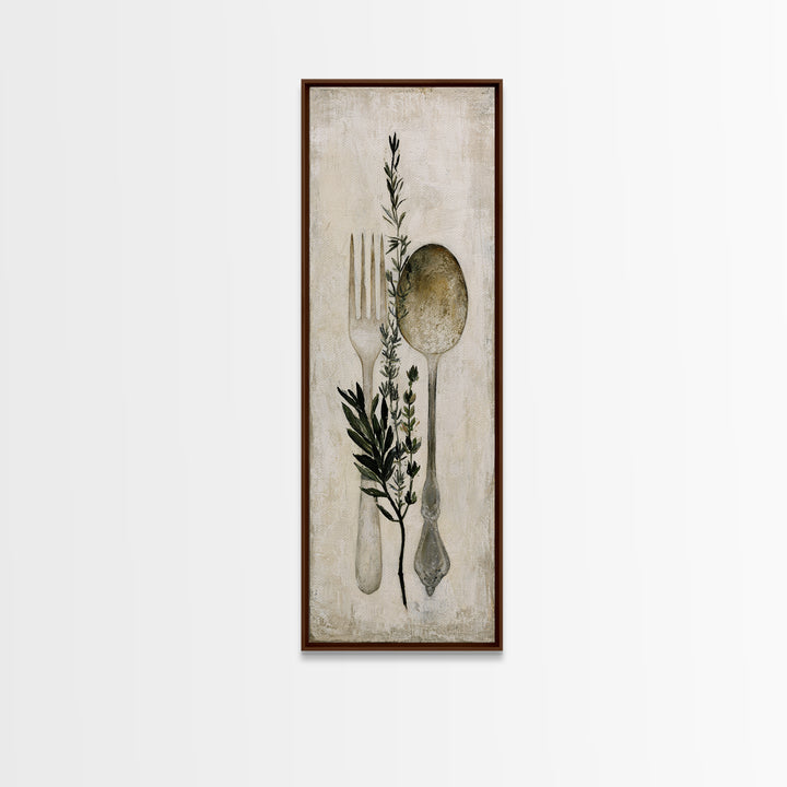 Minimal Fork Spoon and Herb Composition Canvas Print, Dining Room Art, Coastal Decor, Dining Room Decor, Oil Painting, Dining, DRA-1x3-82