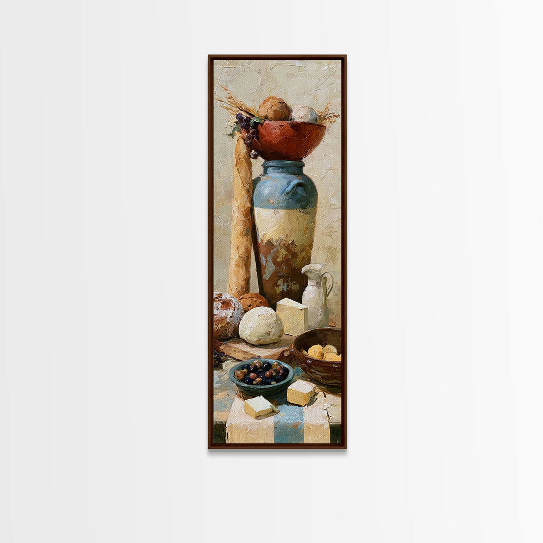 Rustic Bread Olives and Cheese Still Life Canvas Print, Dining Room Art, Modern Decor, Dining Room Decor, Oil Painting, Dining, DRA-1x3-90