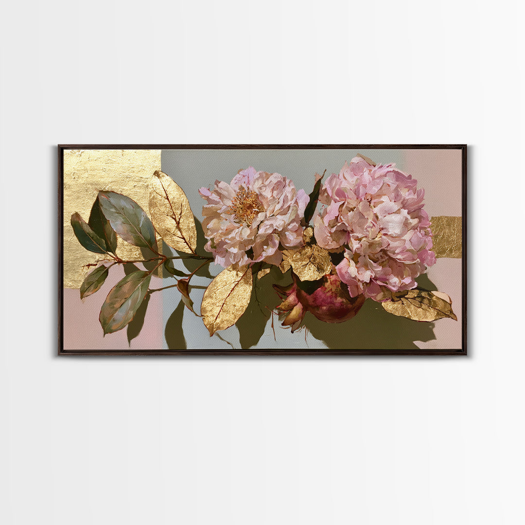 Pomegranate and Gold Leaf Botanical Study Canvas Print, Dining Room Art, Bedroom Wall Art, Dining Room Decor, Dining, DRA-2x1-100