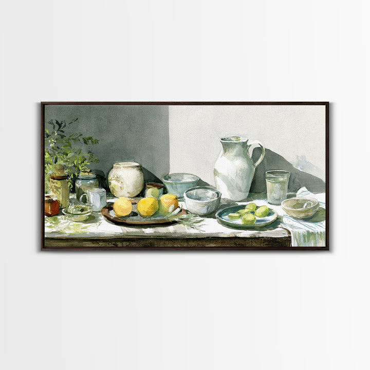 Sunlit Farmhouse Table Objects Without Room View Framed Canvas Print, Dining Room Art, Boho Decor, Dining Room Decor, Dining, DRA-2x1-13