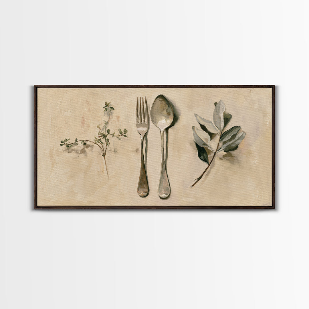 Minimal Fork Spoon and Herb Composition Framed Canvas Print, Dining Room Art, Gallery Decor, Dining Room Decor, Dining, DRA-2x1-18