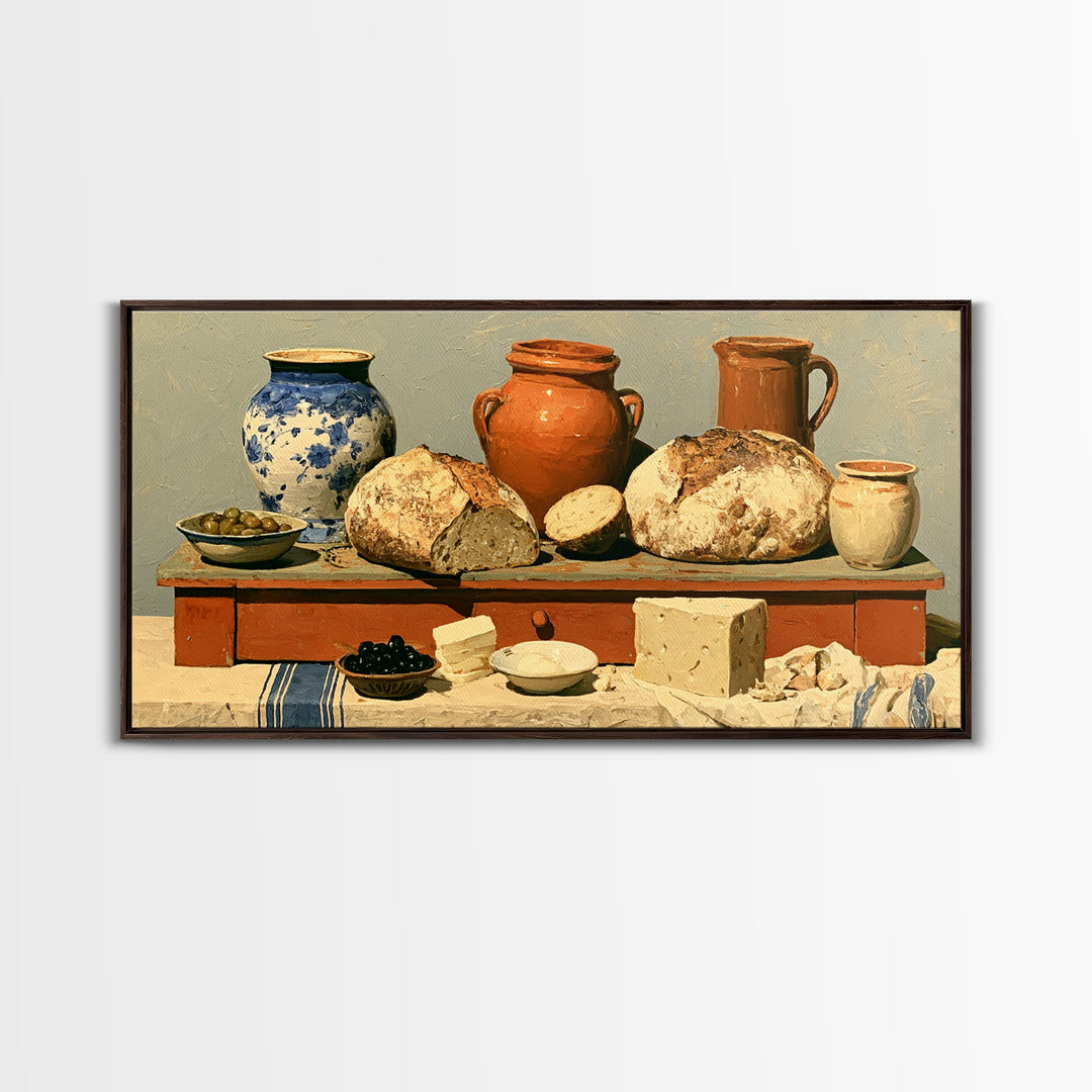 Rustic Bread Olives and Cheese Still Life Canvas Print, Dining Room Art, Neutral Decor, Dining Room Decor, Abstract Art, Dining, DRA-2x1-2