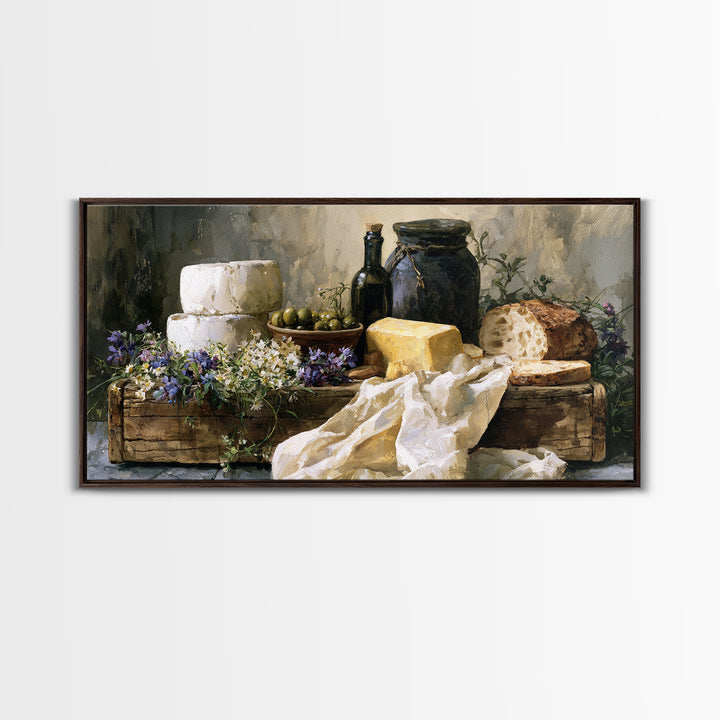 Rustic Bread Olives and Cheese Still Life Canvas Print, Dining Room Art, Neutral Decor, Dining Room Decor, Abstract Art, Dining, DRA-2x1-26