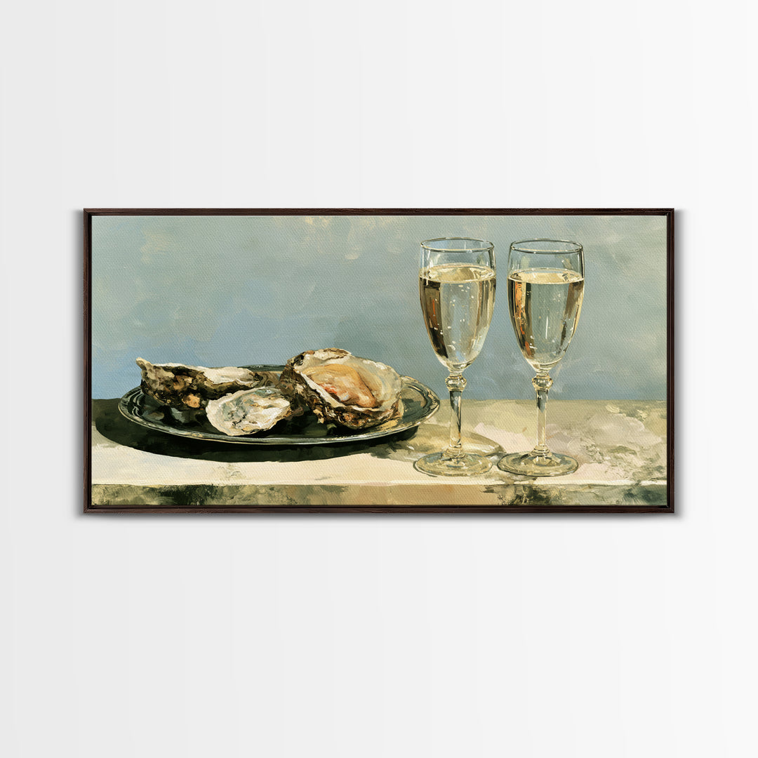 Elegant Oyster and Champagne Still Life Framed Canvas Print, Dining Room Art, Dining Room Decor, Oil Painting, Dining, DRA-2x1-27