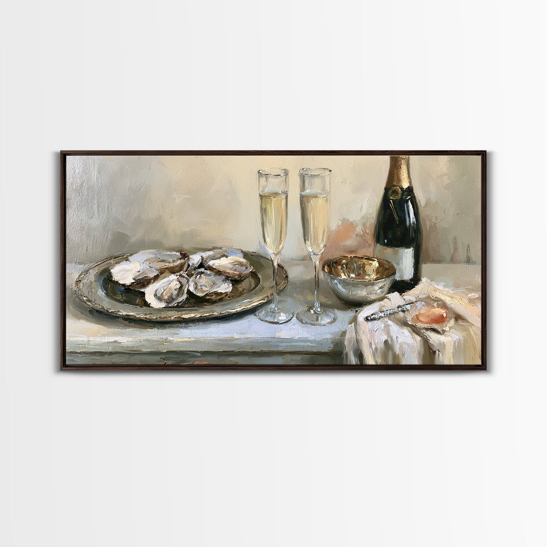 Elegant Oyster and Champagne Still Life Framed Canvas Print, Dining Room Art, Bedroom Decor, Dining Room Decor, Dining, DRA-2x1-3