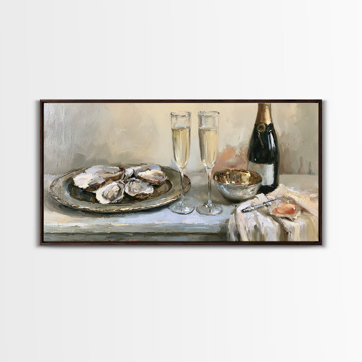 Elegant Oyster and Champagne Still Life Framed Canvas Print, Dining Room Art, Bedroom Decor, Dining Room Decor, Dining, DRA-2x1-3