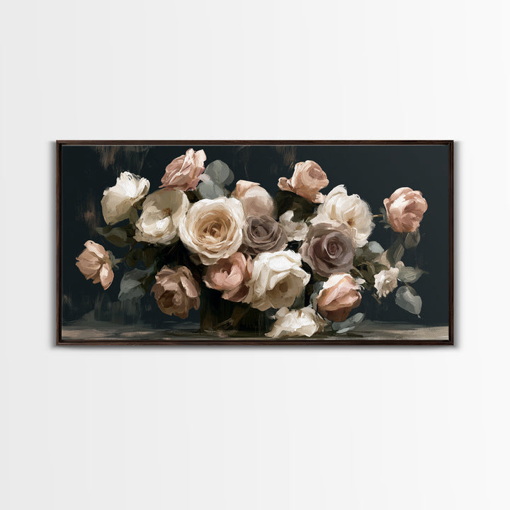 Moody Dark Background Bouquet for Formal Dining Canvas Print, Dining Room Art, Large Wall Art, Dining Room Decor, Dining, DRA-2x1-31