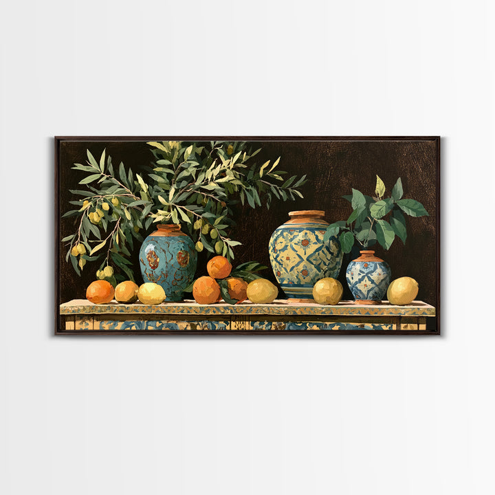 Mediterranean Olive Branch and Citrus Arrangement Canvas Print, Dining Room Art, Minimalist Decor, Dining Room Decor, Dining, DRA-2x1-32